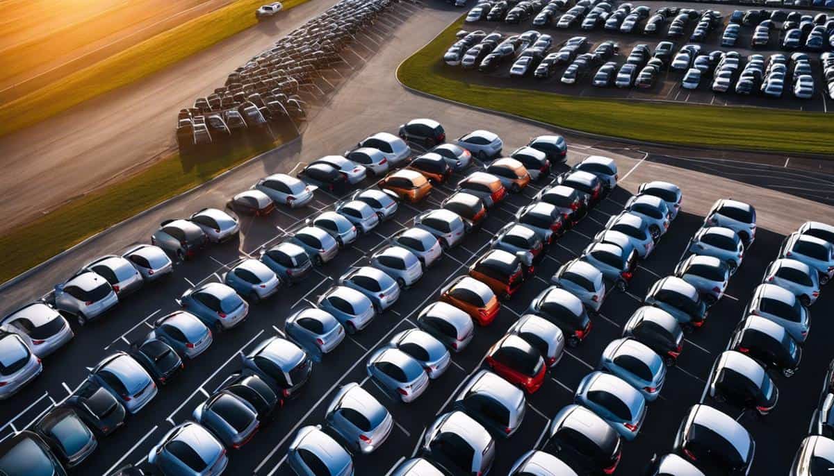 A bright image showing rows of electric vehicles on a dealership lot